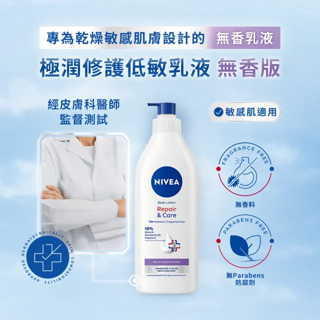 【NIVEA 妮維雅】極潤低敏修護乳液-無香版500mlx3入(身體乳液/溫和舒緩/乾燥敏感)