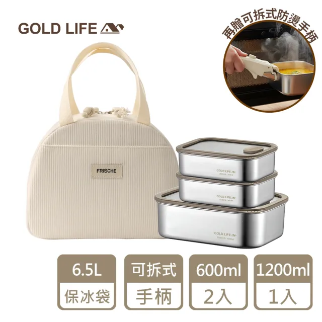 【GOLD LIFE】實用組-鎖味留鮮可微波316不鏽鋼保鮮盒(防燙夾/防漏/餐袋)