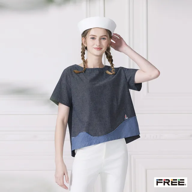【FREE】純棉夏日帆船刺繡拼接上衣