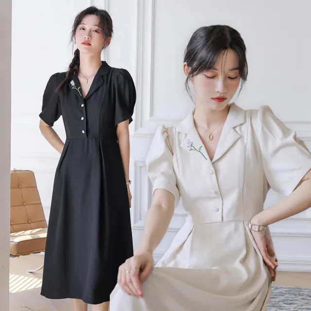 【橘魔法】法式花朵珍珠愛心釦洋裝 大人 女 洋裝 連身裙 裙子 連身洋裝 婚禮穿搭 喜酒 婚宴