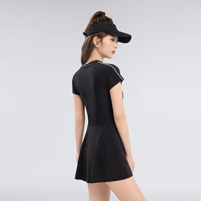 【SUNY】速乾顯瘦運動服 跑步健身機能運動服 女士連體泳裙 衝浪泳衣 短袖泳裝 溫泉泳裝（自帶胸墊）