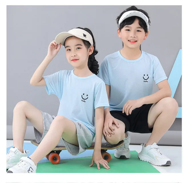 【安朵童舖】現貨韓版兒童笑臉冰絲網眼短袖上衣男童冰絲短袖T恤女童網眼透氣上衣童裝(029)
