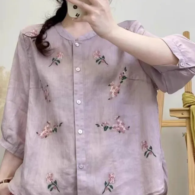 【AKARA】文藝棉麻乾爽透氣涼感繡花五分袖襯衫上衣 中大尺碼 M-3XL