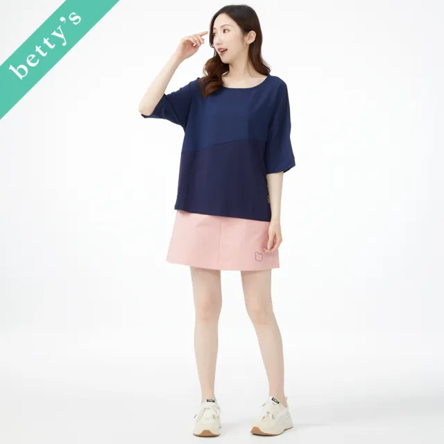 【betty’s 貝蒂思】圓領拼接微透上衣(深藍色)