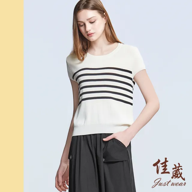【Just Wear 佳葳】撞色條紋針織上衣(女上衣/女上著/短袖/棉質/休閒)