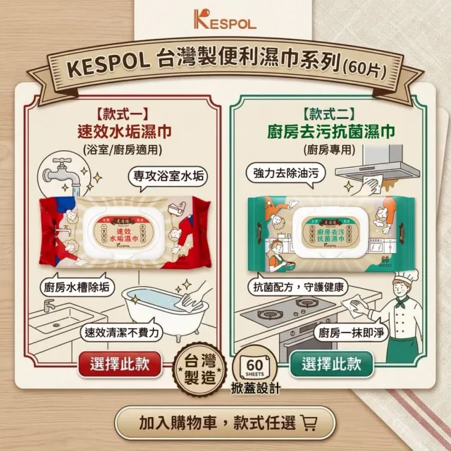 【克司博】速效水垢濕巾 廚房去污抗菌濕巾 6包+2包濕巾(60抽/包 水垢敗退 去油去污 商品款式任選)