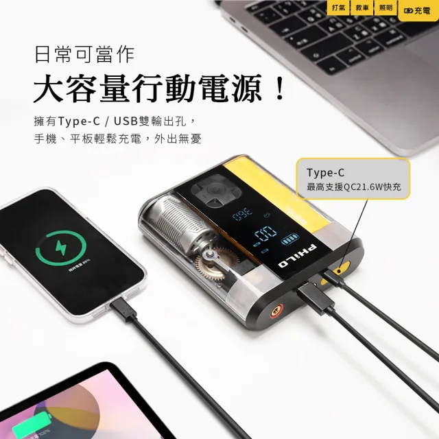 【Philo 飛樂】STP09二代 透明救車打氣多功能機8800mAh(救車行動電源/救車電源/車用打氣機/電動打氣機)