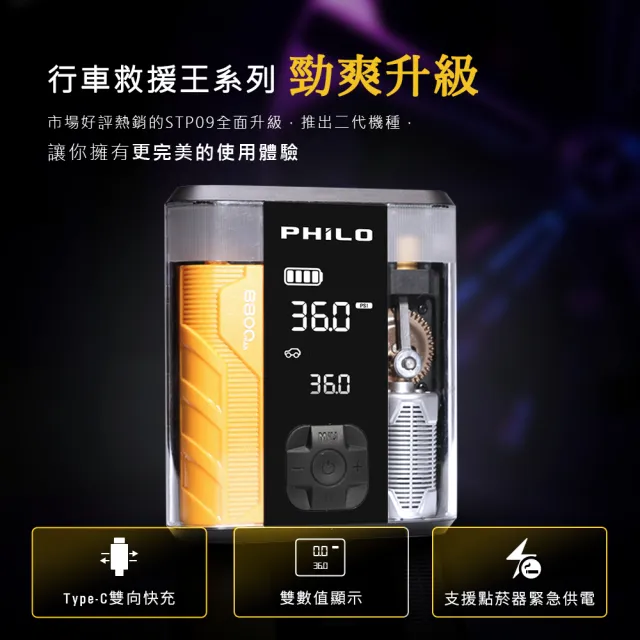 【Philo 飛樂】STP09二代 透明救車打氣多功能機8800mAh(救車行動電源/救車電源/車用打氣機/電動打氣機)
