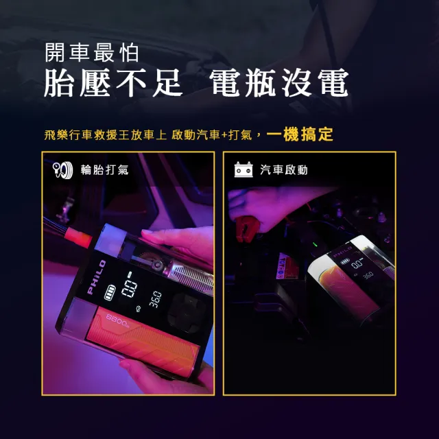 【Philo 飛樂】2入組 STP09 2代 透明救車打氣多功能機8800mAh(救車/無線/輪胎/打氣機/照明 / 充電)