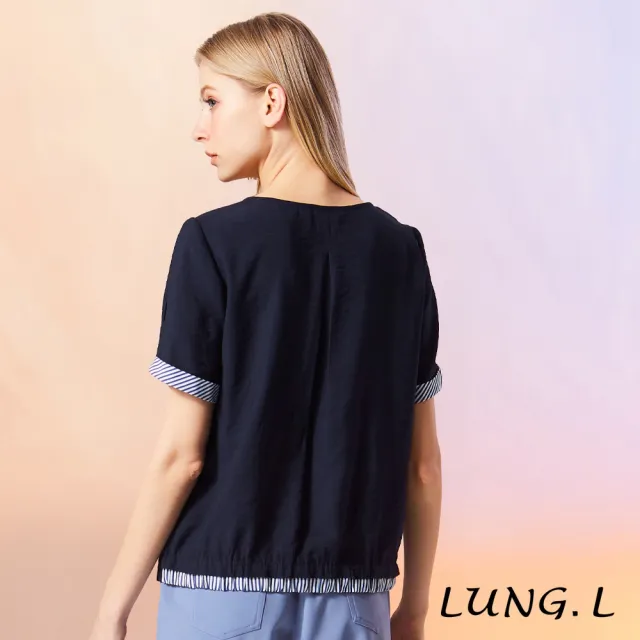【LUNG.L 林佳樺】LW33A 深藍立體線條膠印反摺袖短袖女裝上衣（加大尺碼）