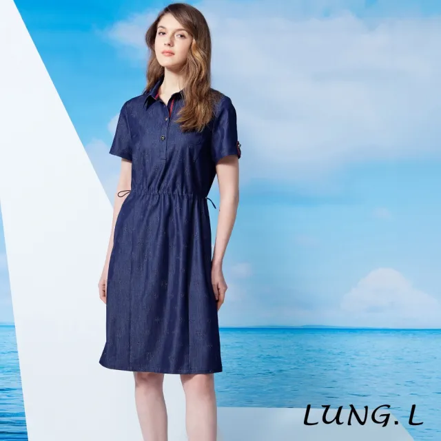 【LUNG.L 林佳樺】LW44H 深藍仿牛仔壓收腰短袖洋裝
