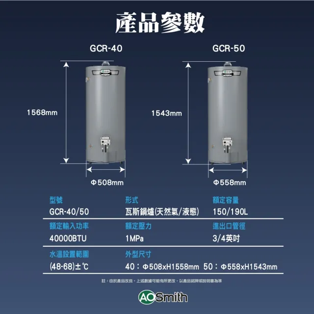 【A.O.Smith】美國百年品牌 GCR-50N 瓦斯熱水鍋爐 50加侖 190L(GCR-50N 僅適用天然氣)