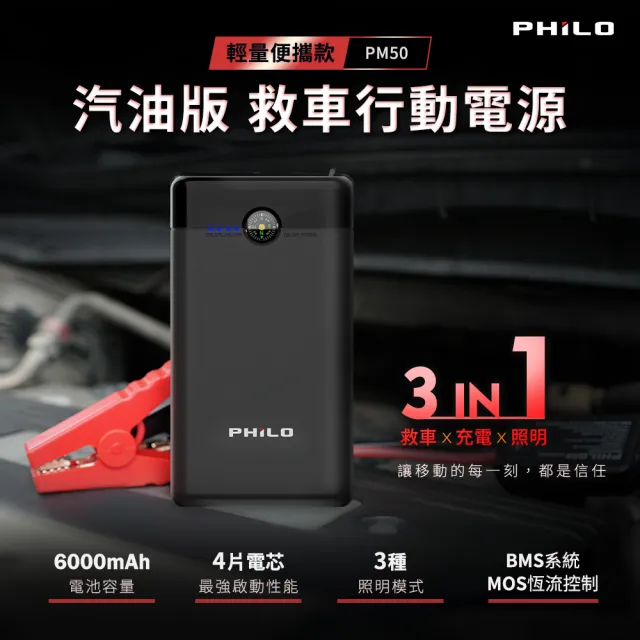 【Philo 飛樂】PM50 超輕巧 6000mAh 救車啟動電源 (比手機小/300g) 汽機車通用/迷你救車電源/行動救援