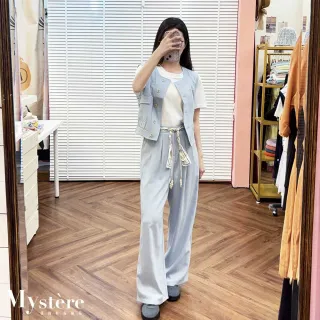 【my stere 我的時尚秘境】雙11 率性工裝背心絲巾寬褲 三件式套裝 淺藍 工裝套裝 棉麻套裝 背心