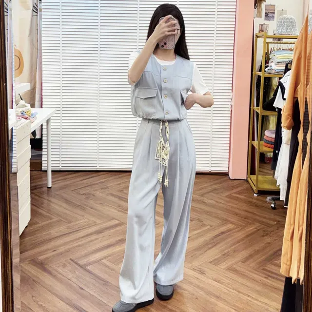 【my stere 我的時尚秘境】雙11 率性工裝背心絲巾寬褲 三件式套裝 淺藍 工裝套裝 棉麻套裝 背心