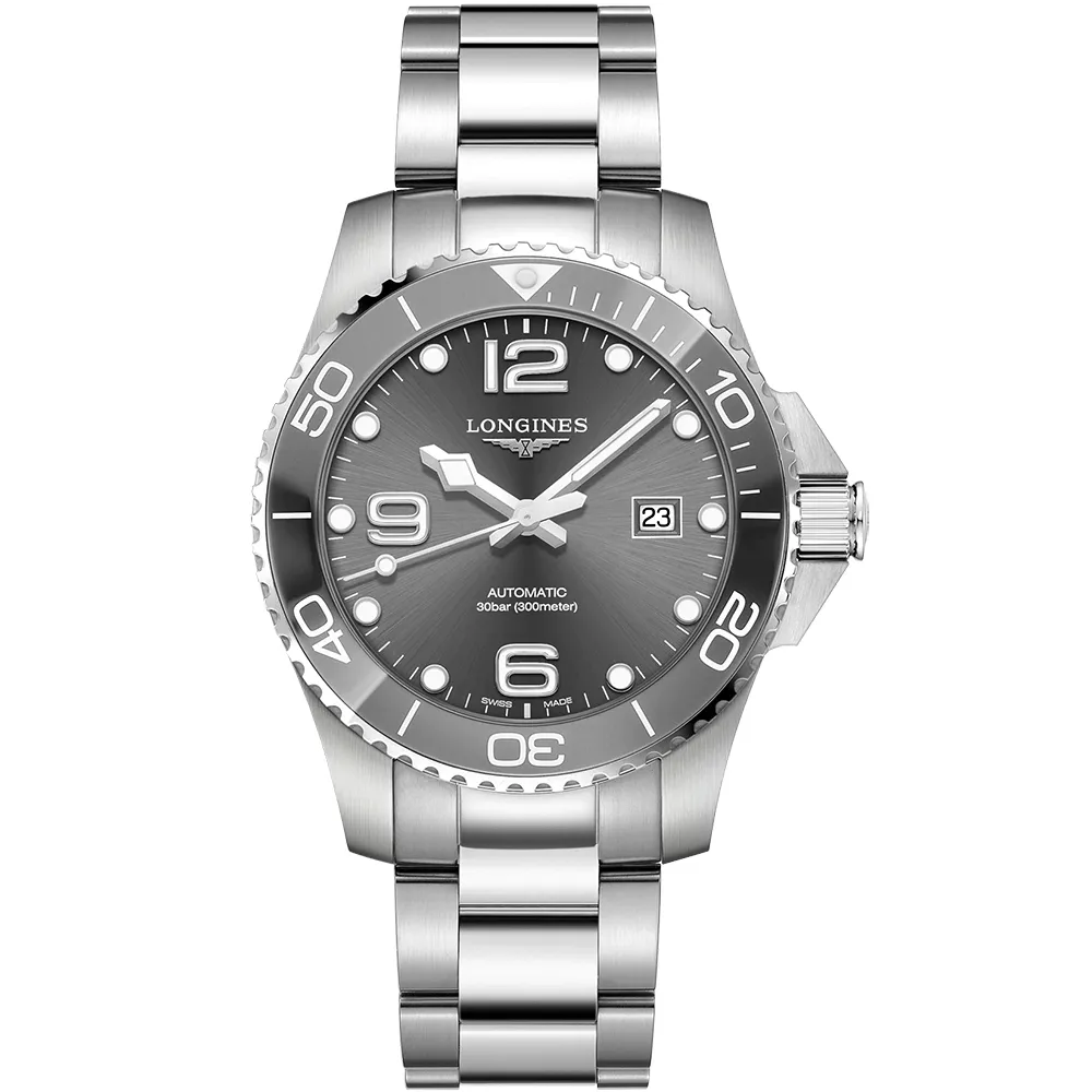 LONGINES 浪琴】水鬼深海征服者浪鬼陶瓷潛水機械錶-灰x銀/43mm(L3
