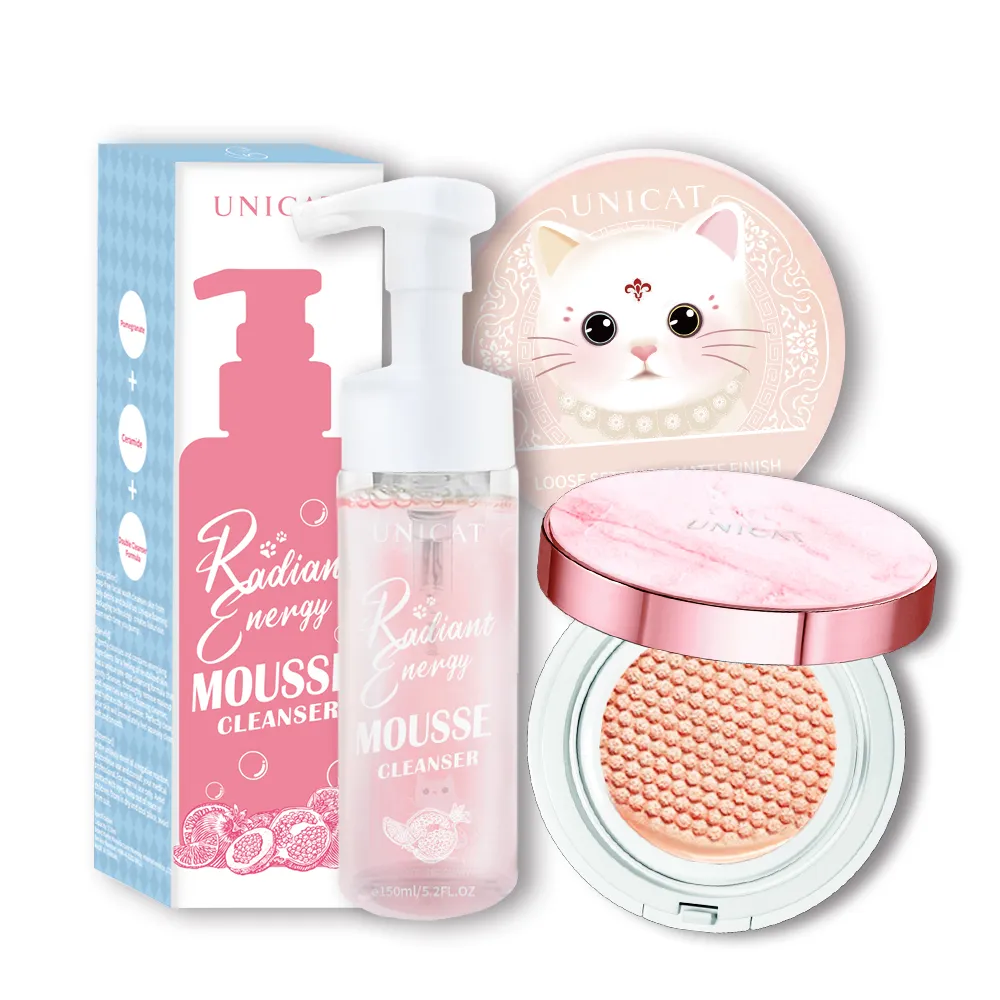 【UNICAT 變臉貓】絕版出清 防曬光彩保濕氣墊粉餅+保濕礦物蜜粉 保濕底妝組(獨家+紅石榴洗臉泡泡幕斯)
