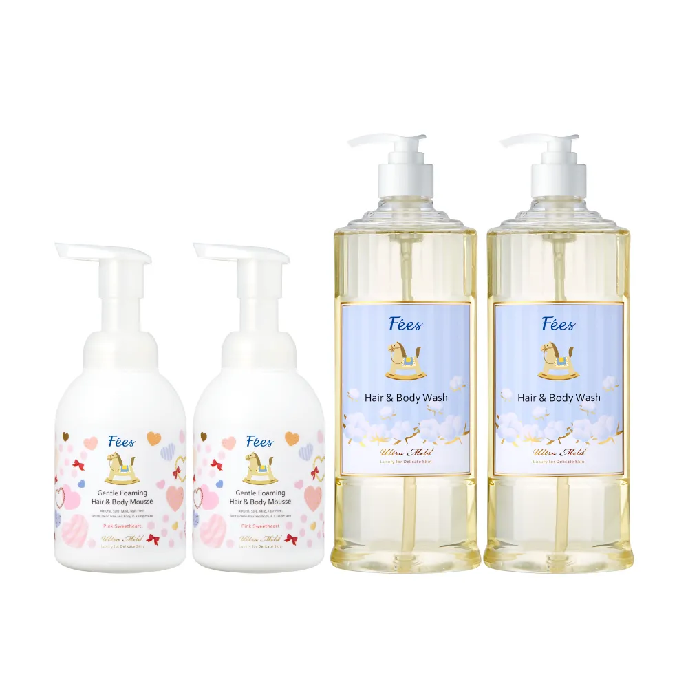 【Fees 法緻】嬰兒洗髮沐浴精600ml 2入+嬰兒洗髮沐浴泡泡400ml 2入(寶寶保濕洗澡沐浴乳)