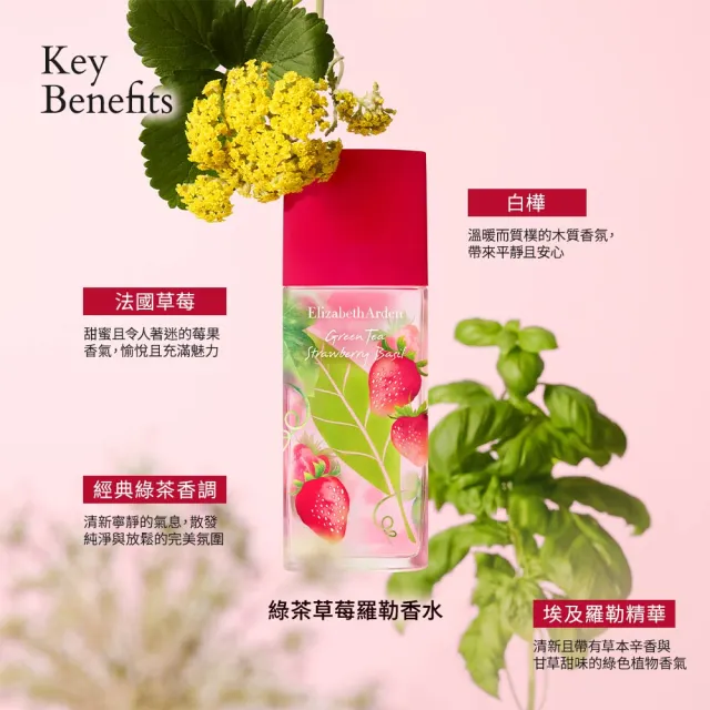 【伊麗莎白雅頓】官方直營 綠茶草莓羅勒清甜香氛組(綠茶草莓羅勒香水100ml+綠茶香水沐浴膠500ml)