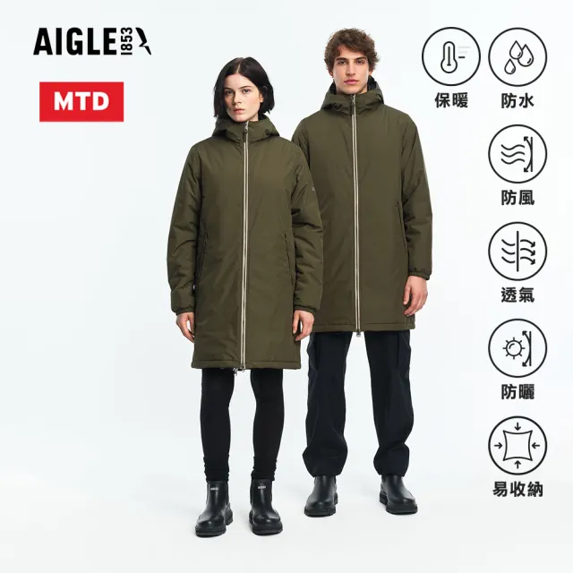 【AIGLE】防水保暖長版外套｜AG-FBM50A080 軍綠(防水外套 防風外套 保暖外套 大衣)