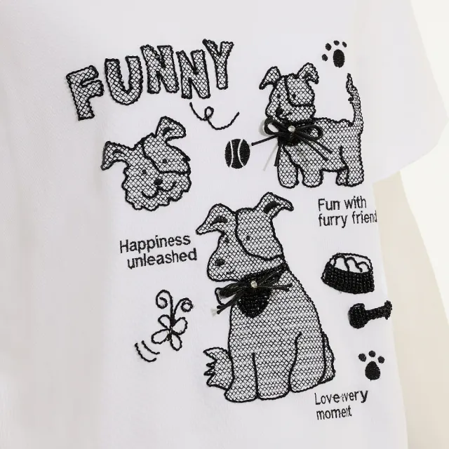 【ILEY 伊蕾】立體萌寵刺繡純棉上衣(白；M-XL；1262551202)