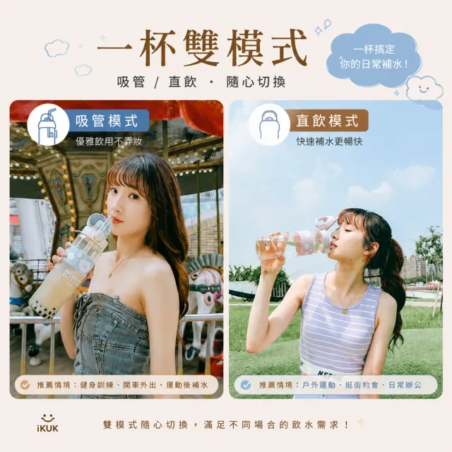 【IKUK 艾可】德國材質PPSU兩用水壺830ml-附粗吸管水壺(吸管杯/直飲杯/環保杯/運動水壺/兩用水壺/兒童水壺)