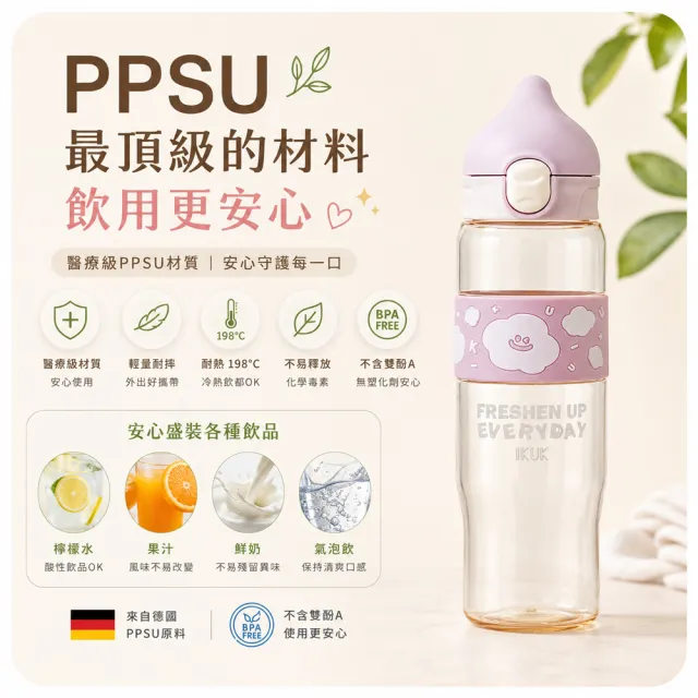【IKUK 艾可】德國材質PPSU兩用水壺830ml-附粗吸管水壺(吸管杯/直飲杯/環保杯/運動水壺/兩用水壺/兒童水壺)