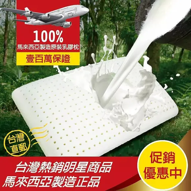 【班尼斯】麵包型天然乳膠枕頭 壹百萬馬來西亞製正品保證-附抗菌布套、手提收納袋(枕頭)