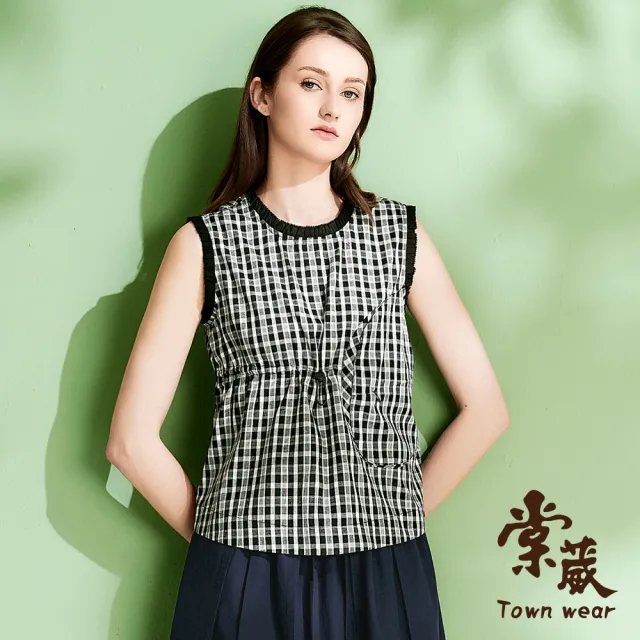 【TOWN’WEAR 棠葳】格紋蕾絲花邊抽繩純棉上衣(女上衣/女上著/棉質/無袖/T恤/口袋/拉鍊)