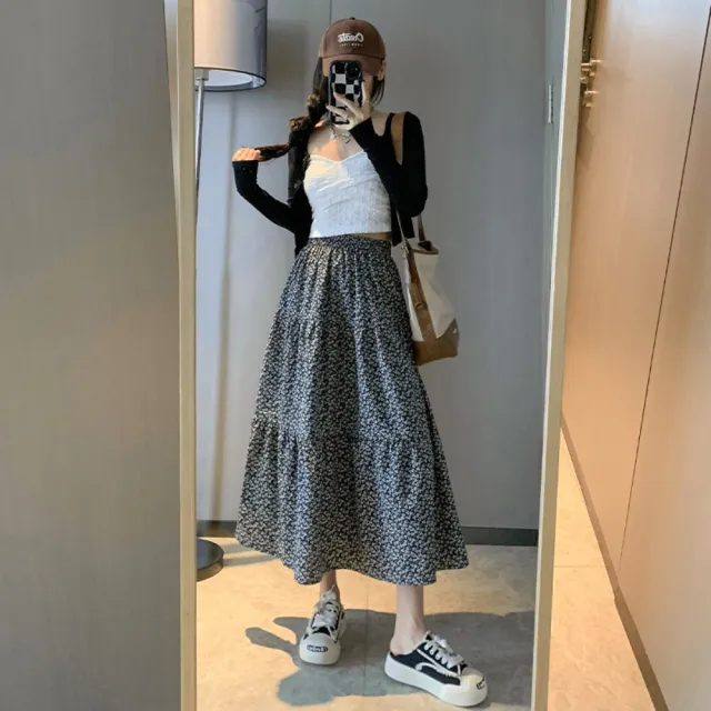 【巴黎精品】現貨+預購 女半身裙長裙A字裙蛋糕裙大碼洋裝休閒大尺碼女裝(溫柔風黑色碎花蛋糕m1aa13)