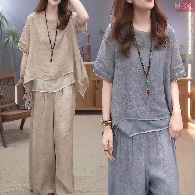 【Amay Style 艾美時尚】夏新品 中大尺碼女裝 兩件式 日系不規則下擺棉麻感舒適寬褲套裝。M-3XL(2色.預購)