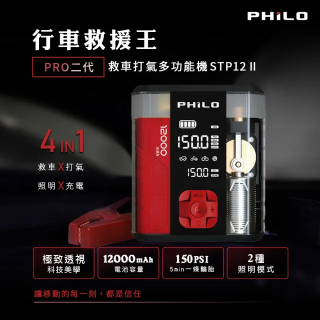 【Philo 飛樂】2入組 STP12PRO二代 12000Mah 救車啟動電源x自動打氣機 多功能機(救車電源/充電打氣機)