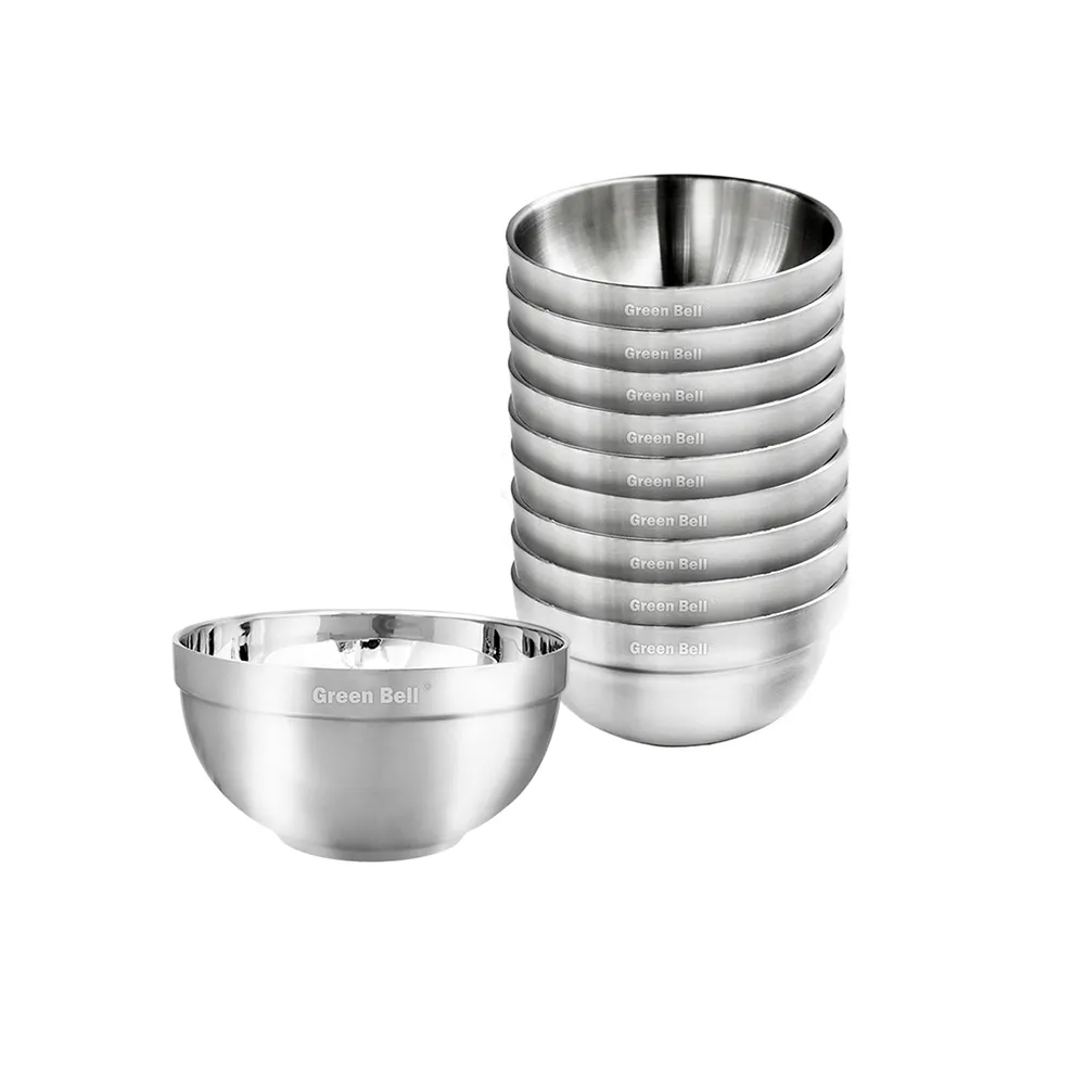 【GREEN BELL 綠貝】10入組 頂級316不鏽鋼雙層隔熱白金碗-13.5cm(容量大 可推疊 隔熱 防燙 SGS)