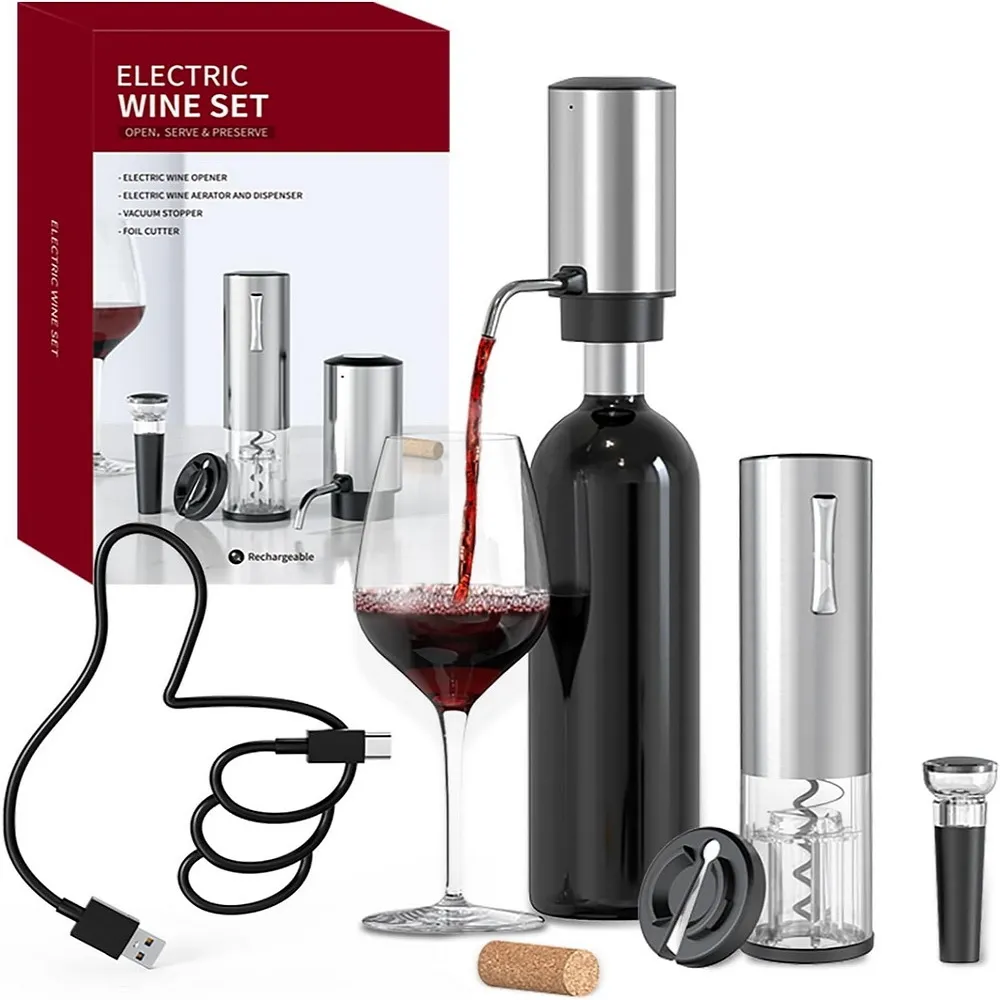 【家適通】4入/組 不鏽鋼電動紅酒開瓶器 電動開瓶器+電動醒酒器+真空保鮮塞+割錫刀 (紅酒開瓶 自動開瓶器