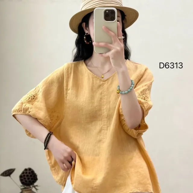 【AKARA】文藝棉麻乾爽雕花寬版短袖上衣 中大尺碼 4色 M-3XL