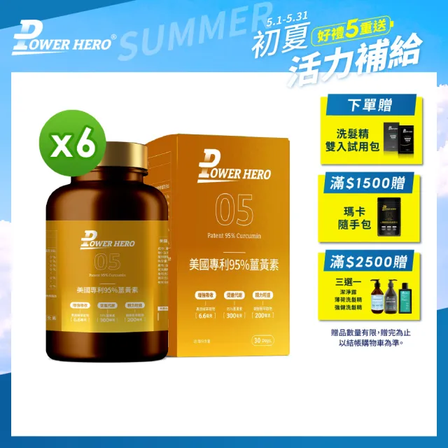 【PowerHero 勁漢英雄】美國專利95%薑黃素x6盒(60顆/盒、法國朝鮮薊萃取物、專利黑胡椒鹼萃取、牛磺酸)