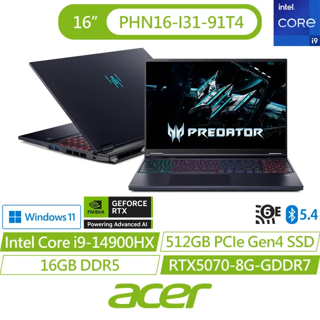 【Acer 宏碁】16吋 i9 RTX5070電競筆電(Predator/PHN16-I31-91T4/i9-14900HX/RTX5070/16G/512GB/W11)