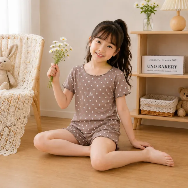 【安朵童舖】現貨韓版夏季兒童薄款居家空調服居家圓點套裝碎花套裝女寶女童空調服套裝