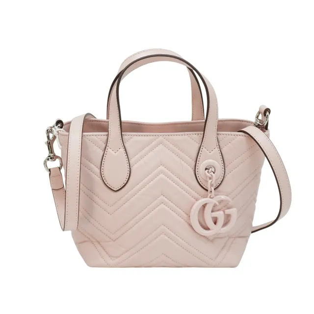 【GUCCI 古馳】展示品 Marmont 衍縫納帕牛皮手提/斜背兩用包(855391-櫻花粉)