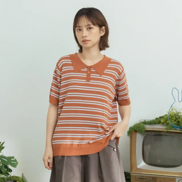 【MOSS CLUB】撞色橫條紋開襟翻領短袖針織上衣 藍 米 駝(魅力商品)