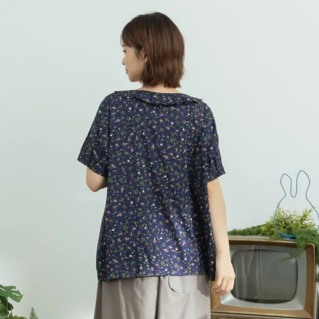 【MOSS CLUB】彩色手繪風花卉不對襯荷葉領襯衫 藍 黑 白(魅力商品)