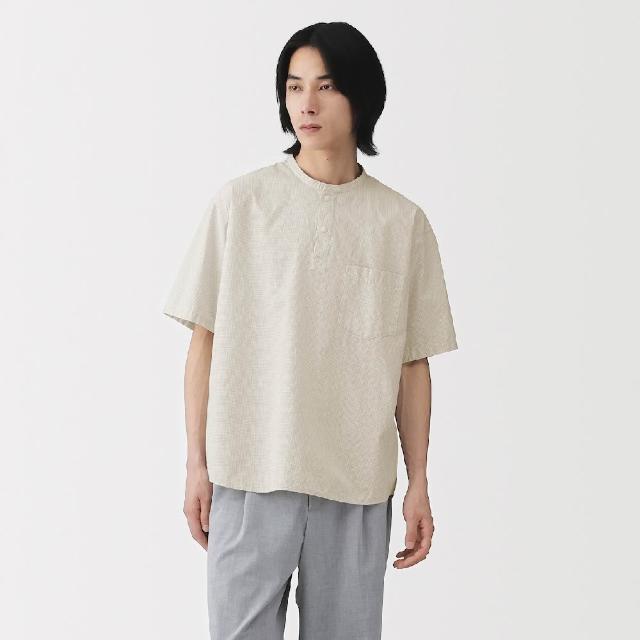【MUJI 無印良品】男涼感亨利領短袖布帛T恤(白色/深灰/藍色/深藍/灰格紋/象牙白格紋)
