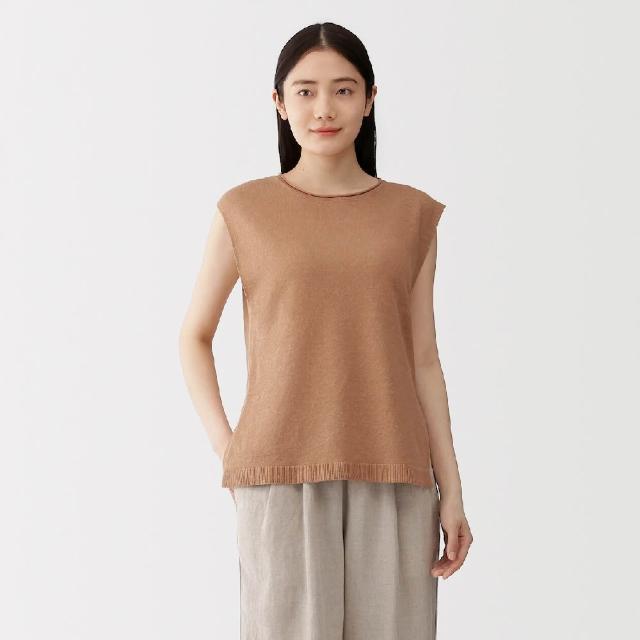 【MUJI 無印良品】女亞麻無袖針織衫(黑色/淺米/煙燻橘)