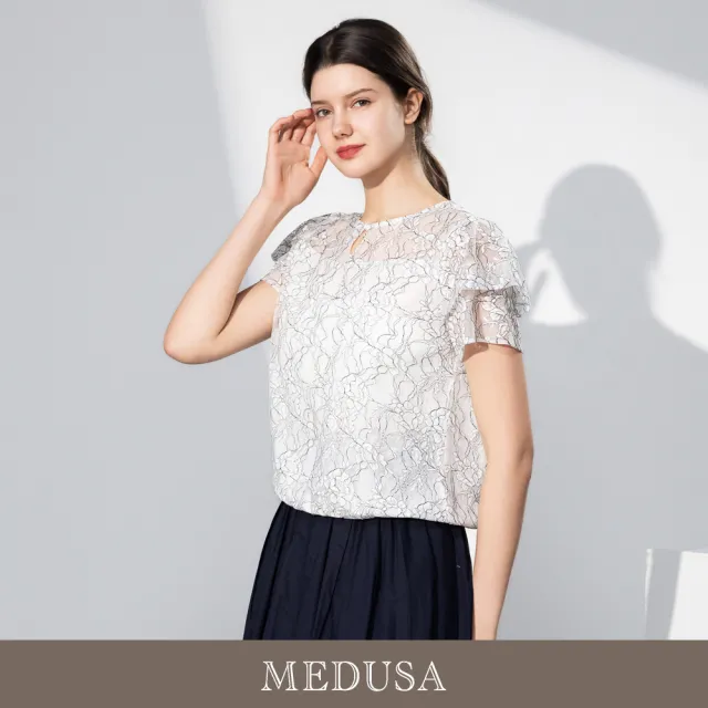 【MEDUSA 曼度莎】現貨-優雅雙層荷葉袖蕾絲上衣 - 2色（M-XL）｜短袖上衣 蕾絲上衣 甜美穿搭