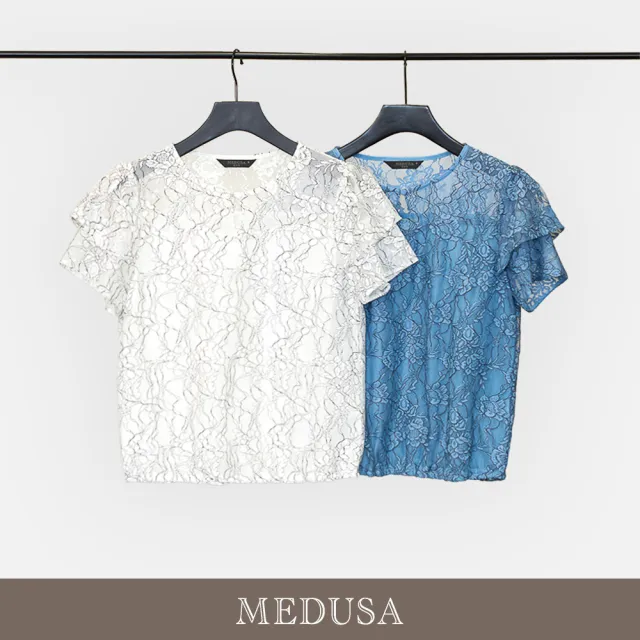 【MEDUSA 曼度莎】現貨-優雅雙層荷葉袖蕾絲上衣 - 2色（M-XL）｜短袖上衣 蕾絲上衣 甜美穿搭