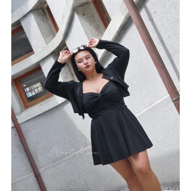 【Want-Meow】90公斤可穿/超顯瘦三件套外套+背心+短裙中大尺碼套裝(大碼/大尺碼/加大碼/孕婦裝/洋裝)