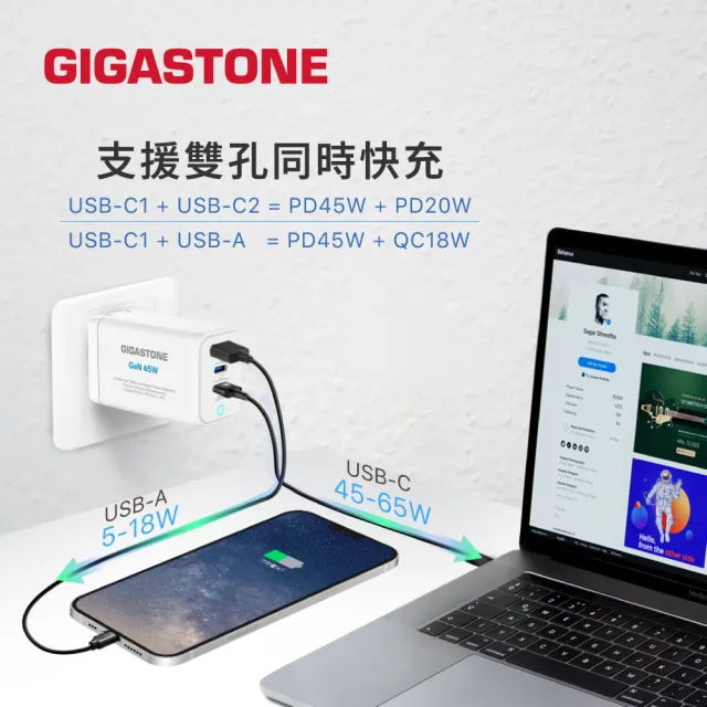 【Gigastone 立達國際】2入組 65W GaN氮化鎵三孔USB-C充電器PD-7656 (支援iPhone17/手機/平板/筆電快充)