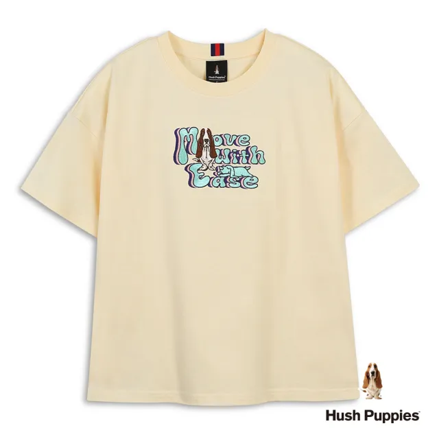 【Hush Puppies】女裝 T恤 配色造型英文刺繡狗寬版T恤 (淺黃 / 63211109)