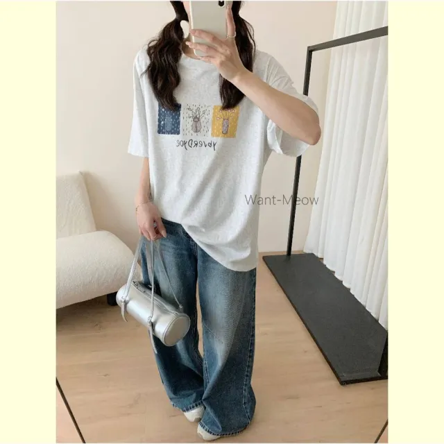 【Want-Meow】85公斤可穿/寬鬆獨家質感韓系插畫T棉T大尺碼上衣大尺碼T恤(大碼/大尺碼/加大碼/短袖上衣)