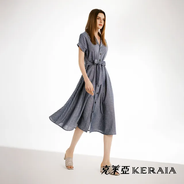 【KERAIA 克萊亞】輕風之旅條紋襯衫洋裝(附腰帶)
